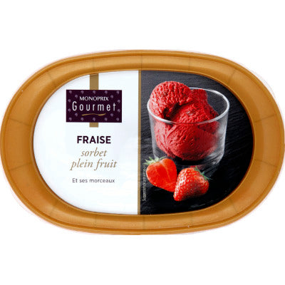 Monoprix Gourmet Sorbet plein fruit fraise et ses morceaux 337g Monoprix Gourmet Sorbet plein fruit fraise et ses morceaux 337g