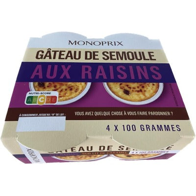 Monoprix Gâteau de Semoule aux Raisins 4x100g Monoprix Gâteau de Semoule aux Raisins 4x100g