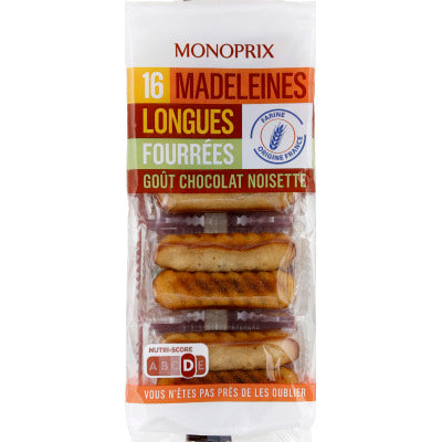 Monoprix Madeleines longues fourrées goût chocolat noisette x16 Monoprix Madeleines longues fourrées goût chocolat noisette x16