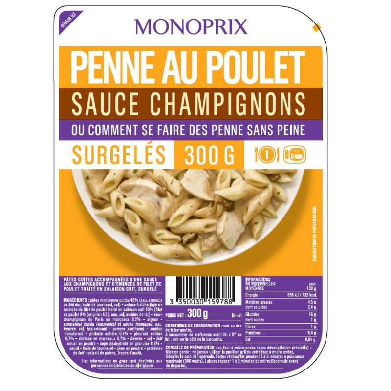 Monoprix Penne au poulet accompagnée d'une sauce champignons 300g Monoprix Penne au poulet accompagnée d'une sauce champignons 300g