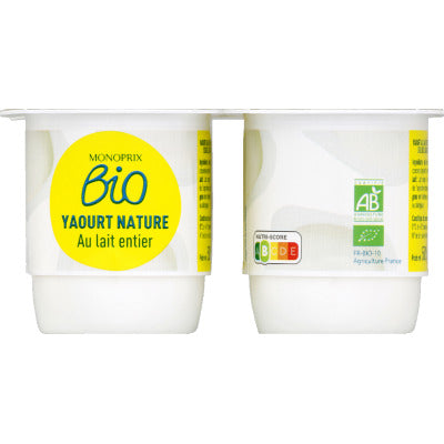 Monoprix Bio Yaourt nature au lait entier 4x125g Monoprix Bio Yaourt nature au lait entier 4x125g