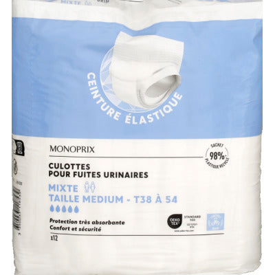 Monoprix Culottes Fuites Urinaires Mixtes Adulte Médium Taille 38-54 X12 Monoprix Culottes Fuites Urinaires Mixtes Adulte Médium Taille 38-54 X12