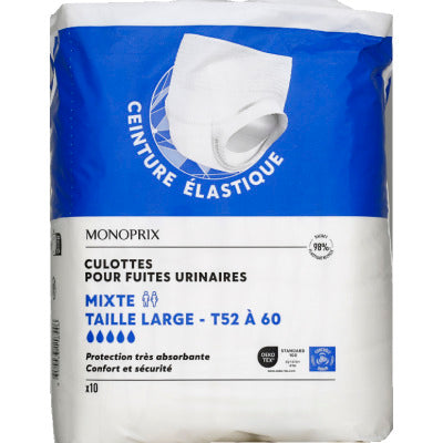 Monoprix Culottes Fuites Urinaires Mixtes Adulte Large Taille 52-60 X10 Monoprix Culottes Fuites Urinaires Mixtes Adulte Large Taille 52-60 X10