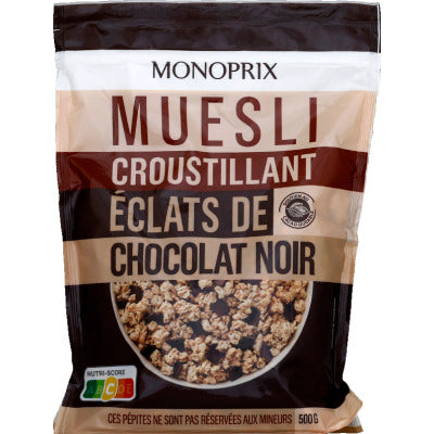 Monoprix Pépites de céréales croustillantes aux éclats de chocolat noir 500g Monoprix Pépites de céréales croustillantes aux éclats de chocolat noir 500g