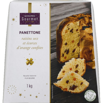 Monoprix Gourmet panettone raisins secs et écorces d'orange confites 1kg Monoprix Gourmet panettone raisins secs et écorces d'orange confites 1kg