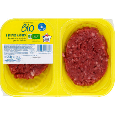 Monoprix Bio Steaks hachés 2x125g Monoprix Bio Steaks haché 2x125g