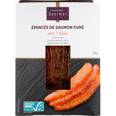 Monoprix Gourmet Emincés Saumon Fumé aux 5 Baies 100g Monoprix Gourmet Emincés Saumon Fumé aux 5 Baies 100g