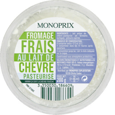 Monoprix Fromage au lait de chèvre pasteurisé 200g Monoprix Fromage au lait de chèvre pasteurisé 200g