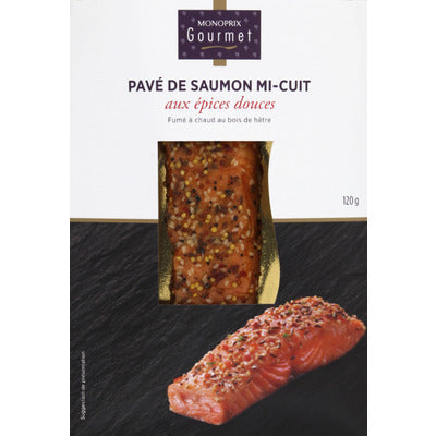 Monoprix Gourmet Pavé de saumon mi-cuit épices fumé au bois de hêtre 120 g Monoprix Gourmet Pavé de saumon mi-cuit épices fumé au bois de hêtre 120 g