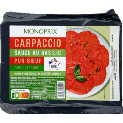 Monoprix Carpaccio pur bœuf, sauce huile d'olive et basilic 200g Monoprix Carpaccio pur bœuf, sauce huile d'olive et basilic 200g