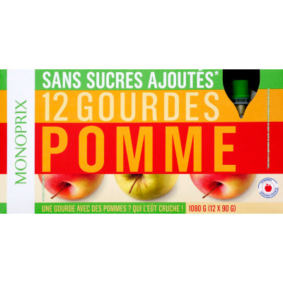 Monoprix Compote de Pomme en gourde sans sucres ajoutés 12x90g Monoprix Gourdes de compotes de pomme sans sucres ajoutés* 12x90g