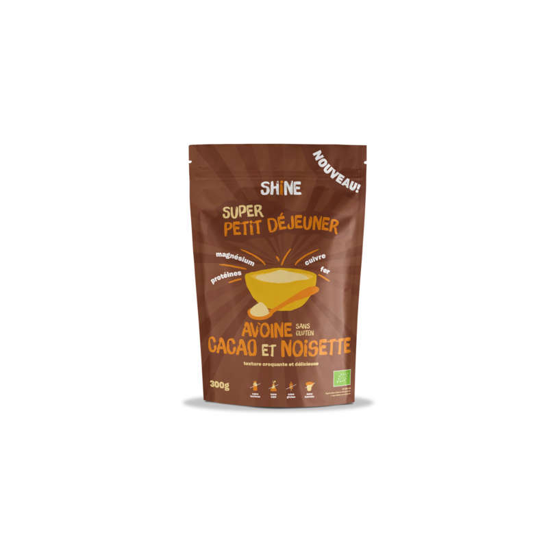 Shine Petit Déjeuner Avoine Sans Gluten Cacao & Noisette Bio 300g Shine Petit Déjeuner Avoine Sans Gluten Cacao & Noisette Bio 300g