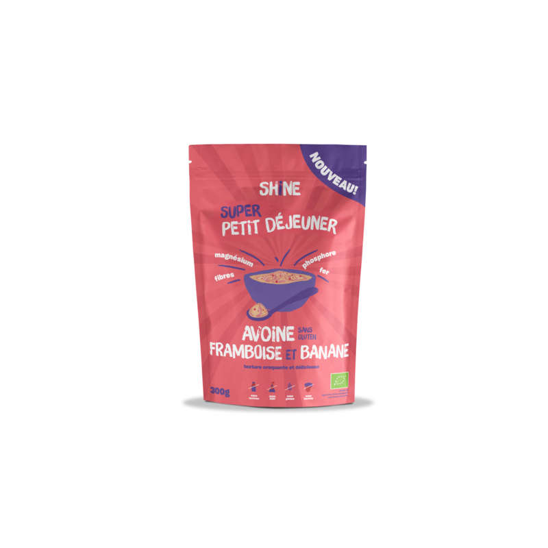 Shine Petit Déjeuner Avoine Framboise & Banane Sans Gluten Bio 300g Shine Petit Déjeuner Avoine Framboise & Banane Sans Gluten Bio 300G