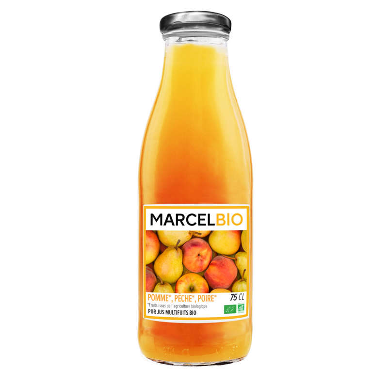 Marcel Bio Pur jus multifruits bio à la pomme, pêche et poire 75cl Marcel Bio Pur jus multifruits bio à la pomme, pêche et poire 75cl