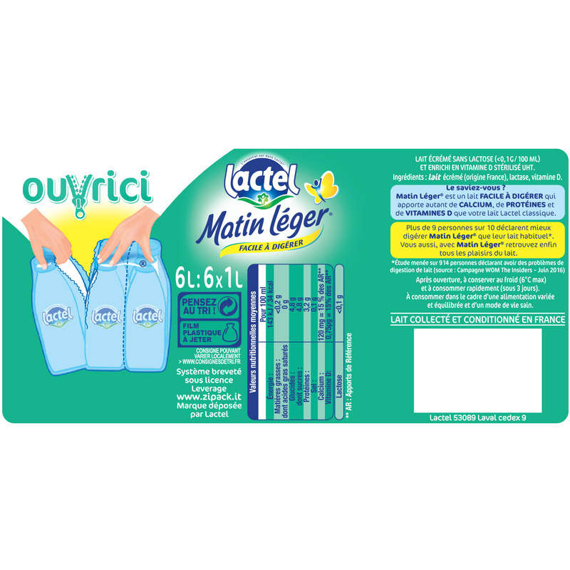 Matin Leger Lait Écrémé Sans Lactose 6x1L