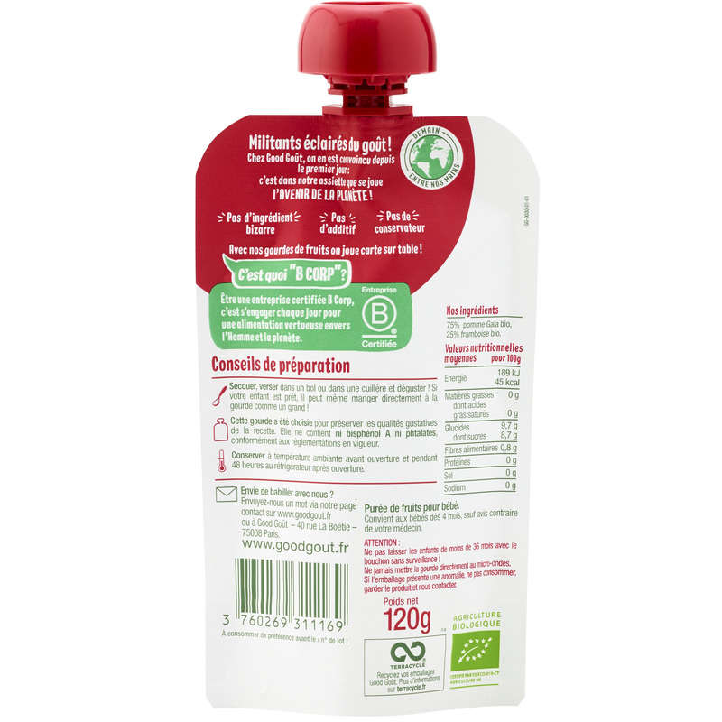Good Goût Gourde Pomme Framboise Bio 120g