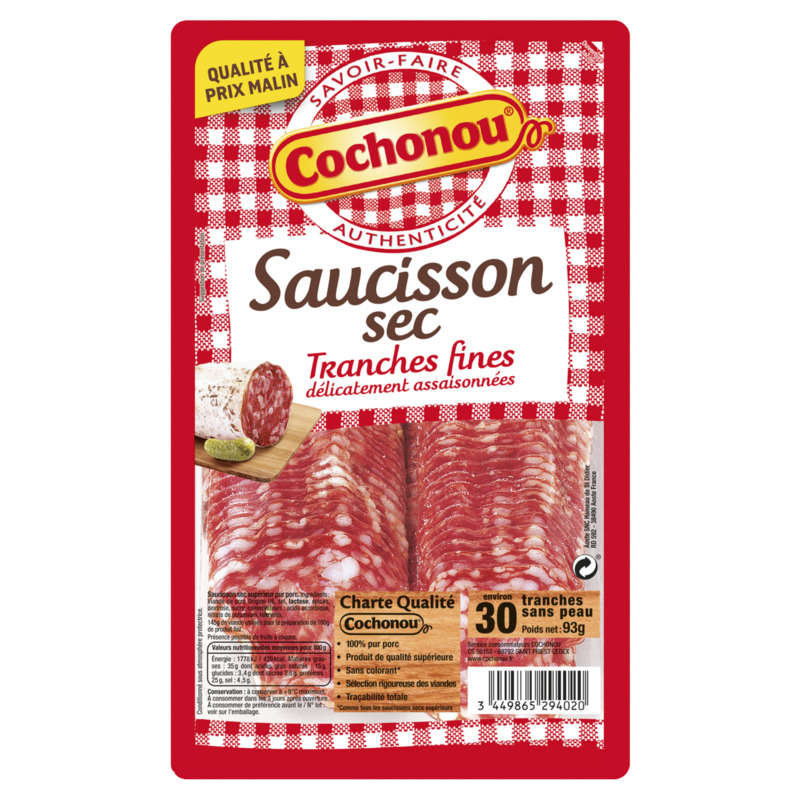 Cochonou Saucisson Sec 30 Tranches Fines 93g Cochonou Saucisson Sec 30 Tranches Fines 93g