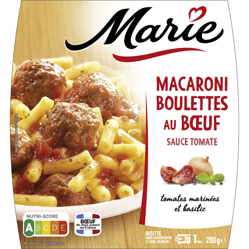 Marie Macaroni sauce tomate et boulettes au bœuf vbf 280g Marie Macaroni sauce tomate et boulettes au bœuf vbf 280g