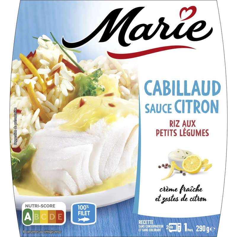 Marie Cabillaud sauce citron, riz aux petits légumes 290g Marie Cabillaud sauce citron, riz aux petits légumes 290g