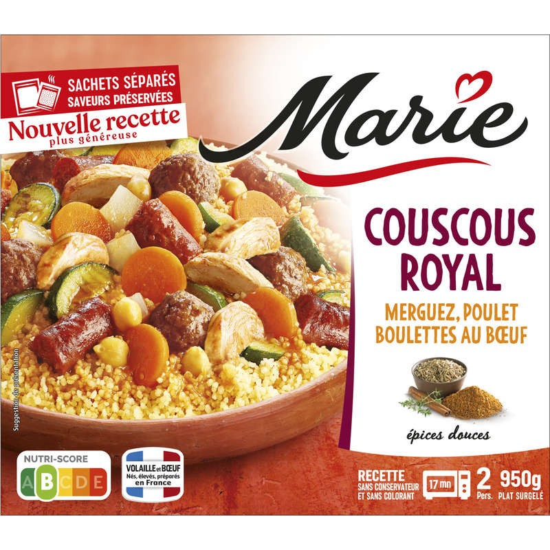 Marie Couscous Royal, Merguez, Poulet, Boulettes au Bœuf 950g Marie Couscous Royal, Merguez, Poulet, Boulettes au Bœuf 950g