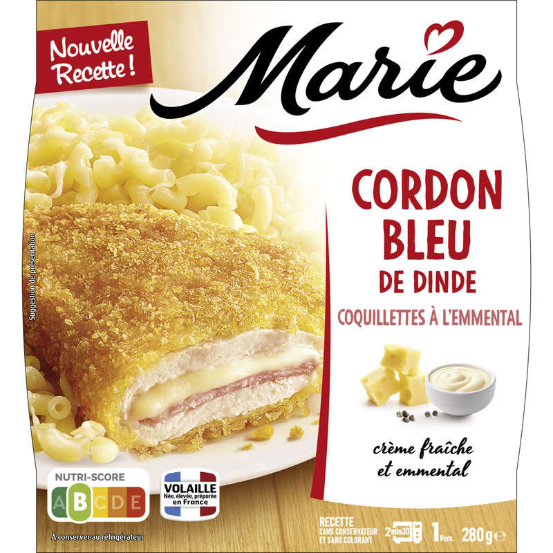 Marie Cordon bleu de dinde, Coquillettes à l'emmental 280g Marie Cordon bleu de dinde, Coquillettes à l'emmental 280g