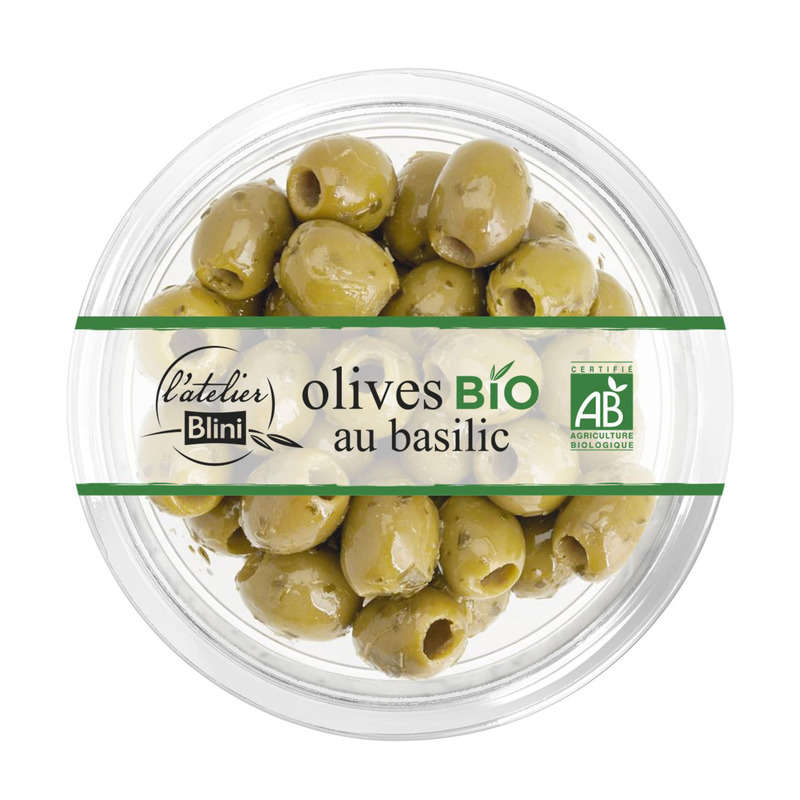 L'Atelier Blini Olives Vertes Dénoyautées au Basilic Bio 150g L'Atelier Blini Olives Vertes Dénoyautées au Basilic Bio 150g