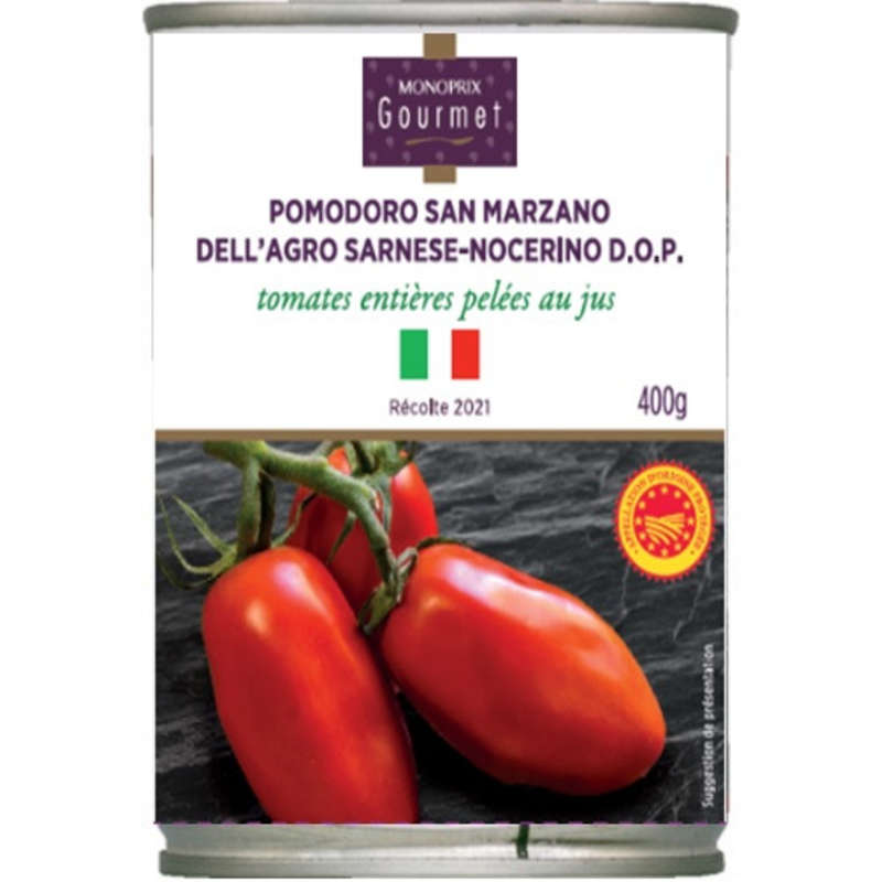 Monoprix Gourmet Tomate pelée Pomodoro S.Marzano dell'Agro Sarnese-Nocerino 260g Monoprix Gourmet Tomate pelées Pomodoro S.Marzano dell'Agro Sarnese-Nocerino 260g
