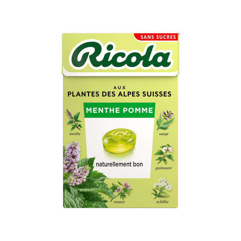 Ricola bonbons Suisses aux plantes, menthe pomme sans sucres 50g Ricola bonbons Suisses aux plantes, menthe pomme sans sucres 50g