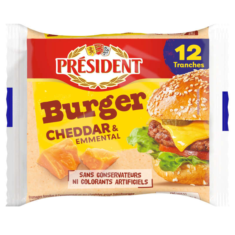 Président Burger Cheddar Et Emmental x12 Tranches 200g Président Burger Cheddar Et Emmental x12 Tranches 200g