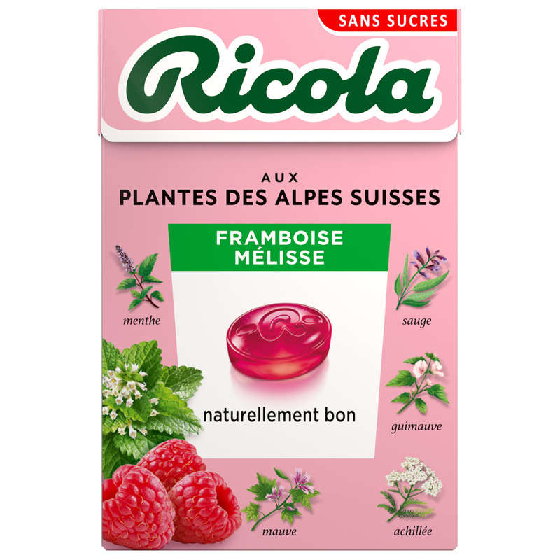 Ricola Aux Plantes Des Alpes Suisses Framboise Mélisse Sans Sucres 50g Ricola Aux Plantes Des Alpes Suisses Framboise Mélisse Sans Sucres 50g