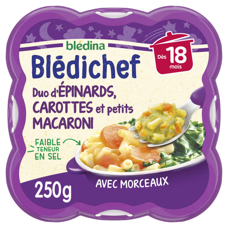 Blédina Duo d'Épinards, Carottes et Petits Macaroni, dès 18 Mois 250g Blédina Duo d'Épinards, Carottes et Petits Macaroni, dès 18 Mois 250g