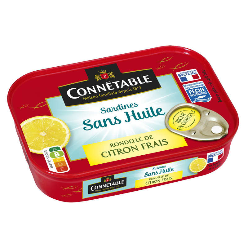 Connétable 1/6 sardines pêche responsable rondelle de citron frais sans huile 115g Connétable 1/6 sardines pêche responsable rondelle de citron frais sans huile 115g
