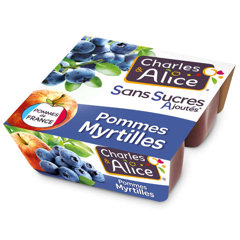 Charles & Alice desserts fruités pommes myrtilles sans sucres ajoutés 4x97g Charles & Alice desserts fruités pommes myrtilles 4x97g