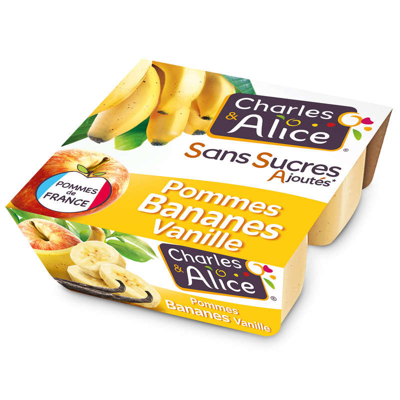 Charles & Alice Desserts fruités pommes bananes et vanille sans sucres ajoutés 4x97g Charles & Alice Desserts fruités pommes bananes et vanille 4x97g