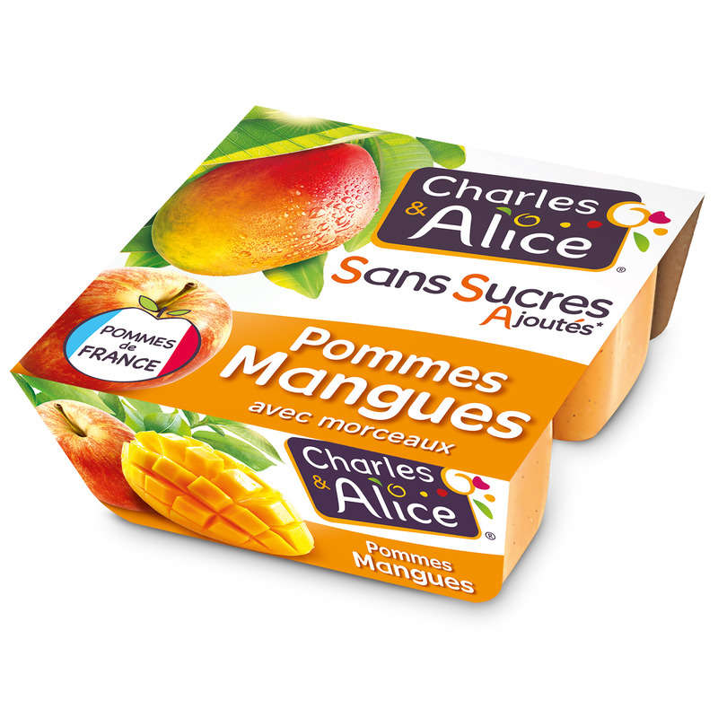 Charles & Alice Desserts fruités pommes et mangues sans sucres ajoutés 4x100g Charles & Alice Desserts fruités pommes et mangues 4x100g