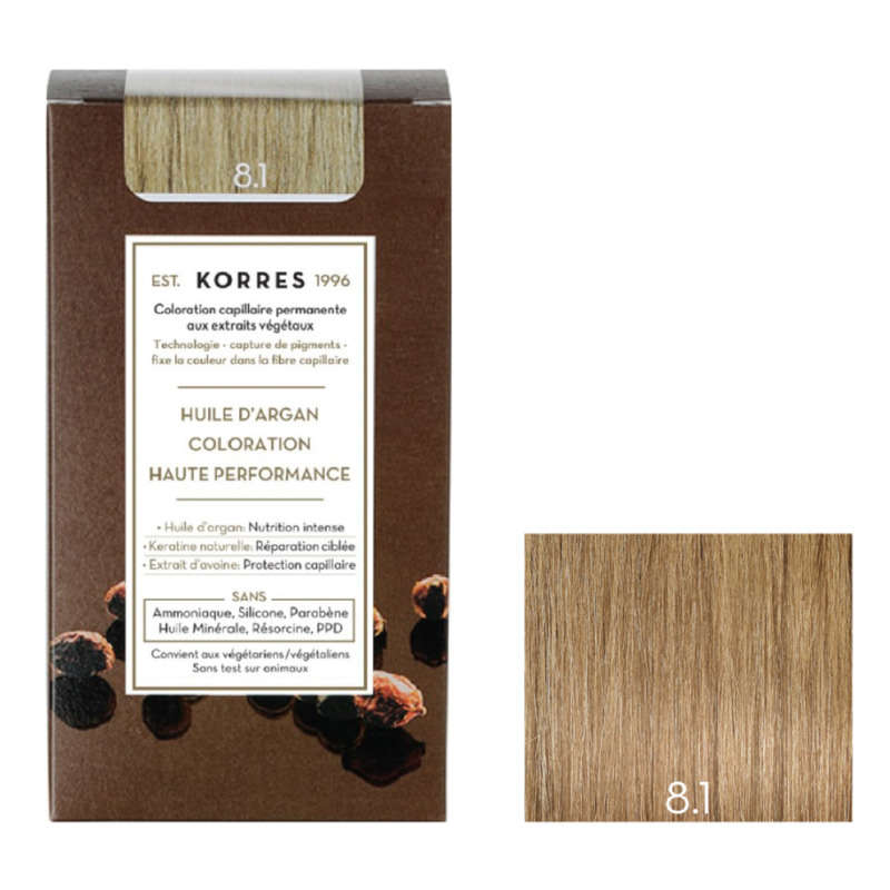 Korres coloration permanente huile d'argan, blond clair cendré 8.1 Korres coloration permanente huile d'argan, blond clair cendré 8.1