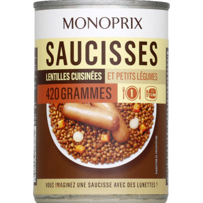 Monoprix P'tit Prix Saucisses lentilles cuisinées et petits légumes 420g Monoprix P'tit Prix Saucisses lentilles cuisinées et petits légumes 420g
