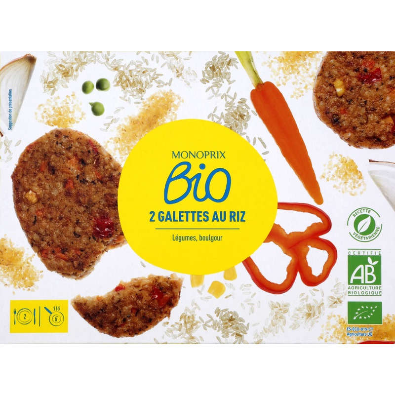 Monoprix Bio 2 Galettes au riz légumes, boulgour 200g Monoprix Bio 2 galettes au riz légumes, boulgour 200g