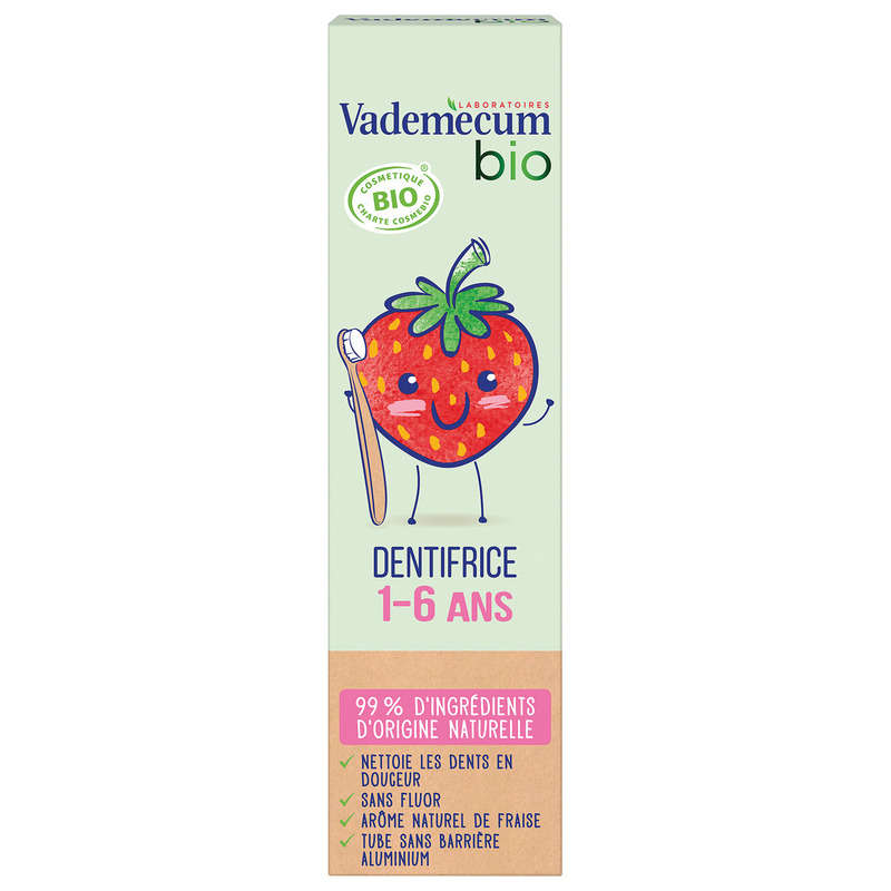 Vademecum Dentifrice Enfant Bio Sans Fluor Goût Fraise 1 à 6 ans 50 ml Vademecum Dentifrice Enfant Bio Sans Fluor Goût Fraise 1 à 6 ans 50 ml