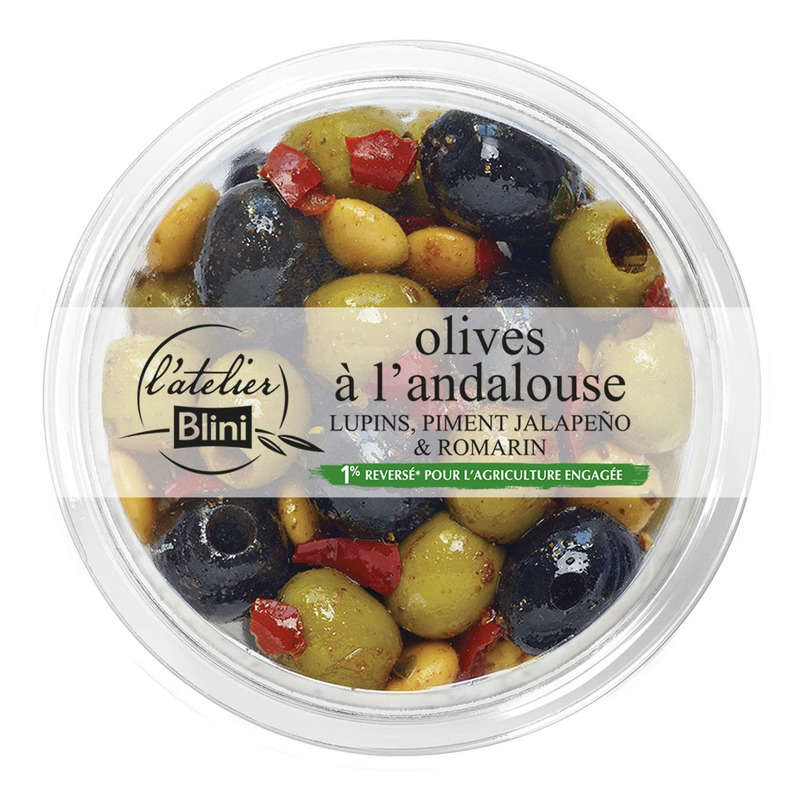 L'atelier Blini Olives à l'Andalouse Lupin Piment Jalapeno & Romarin 150g L'atelier Blini Olives à l'Andalouse Lupin Piment Jalapeno & Romarin 150g