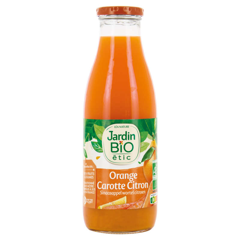 Jardin Bio Jus d'orange, citron et carotte la bouteille de 75cl Jardin Bio jus d'orange, citron et carotte la bouteille de 75cl