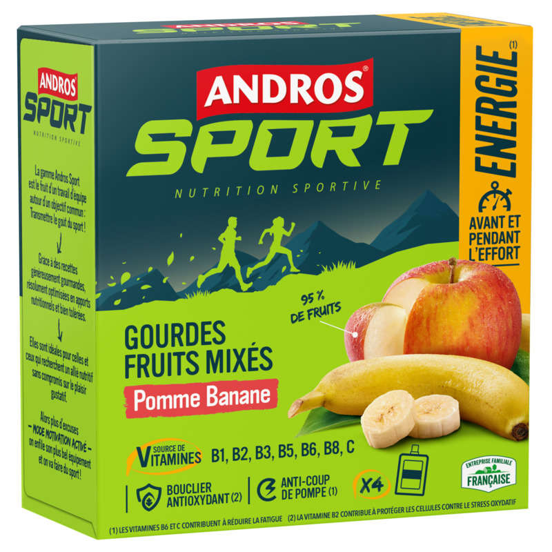 Andros Sport gourdes Fruits Mixés pomme Banane 4x90g Andros Sport gourdes Fruits Mixés pomme Banane 4x90g