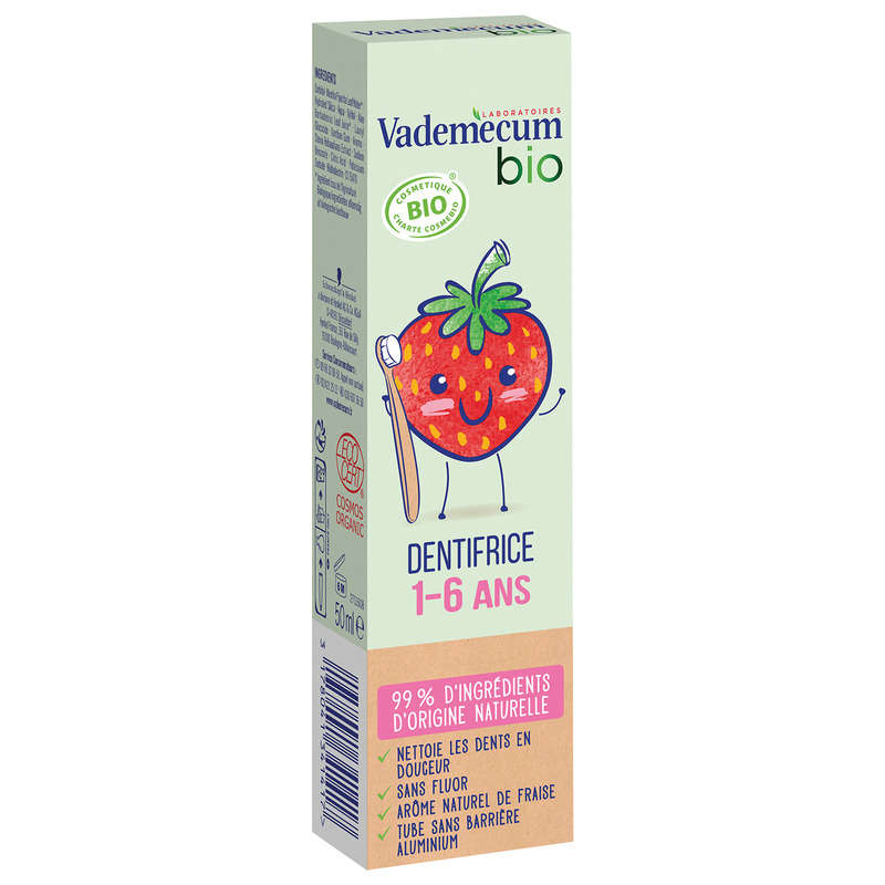 Vademecum Dentifrice Enfant Bio Sans Fluor Goût Fraise 1 à 6 ans 50 ml