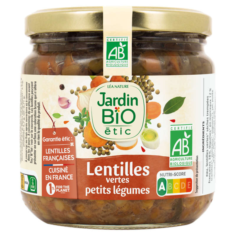 Jardin Bio Lentilles vertes cuisinées aux petits légumes 400g Jardin Bio Lentilles vertes cuisinées aux petits légumes 400g
