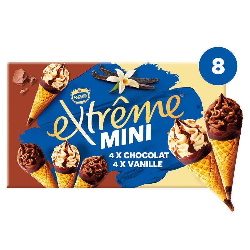 Extrême Mini Cônes de Glace Vanille Chocolat Boite x8 312g Extrême Mini Cônes de Glace Vanille Chocolat Boite x8 312g
