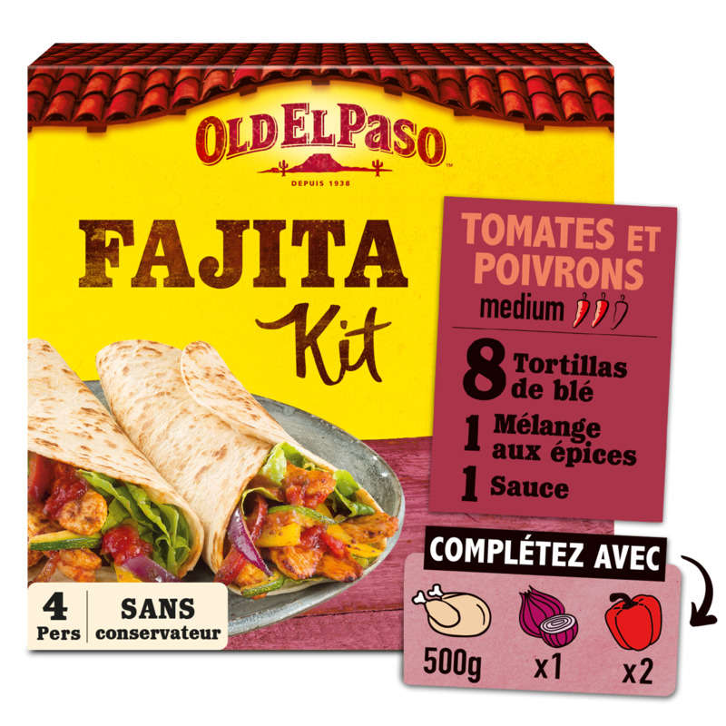 Old El Paso Kit Pour Fajitas Saveur Tomates & Poivrons Medium 500g Old El Paso Kit Pour Fajitas Saveur Tomates & Poivrons Medium 500g
