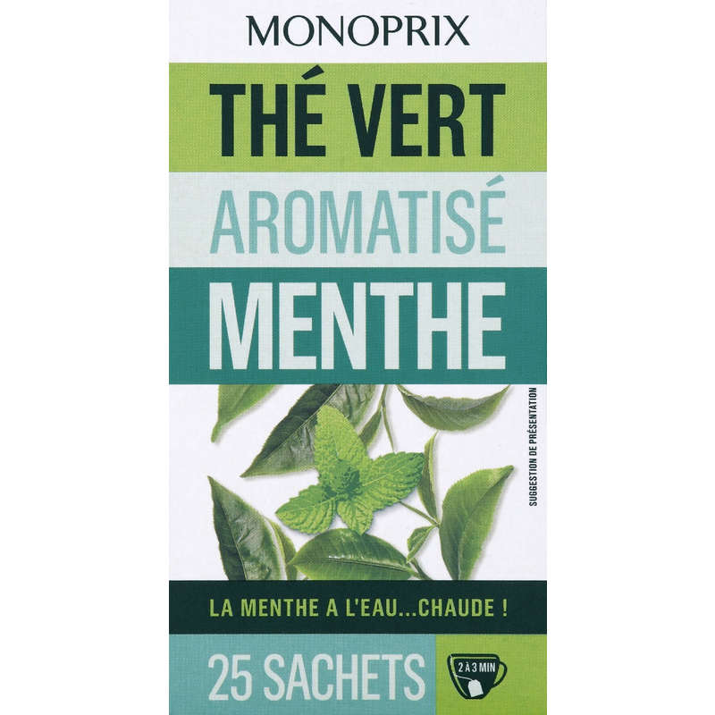 Monoprix Thé Vert Aromatisé Menthe 25 Sachets 40g Monoprix Thé Vert Aromatisé Menthe 25 Sachets 40G