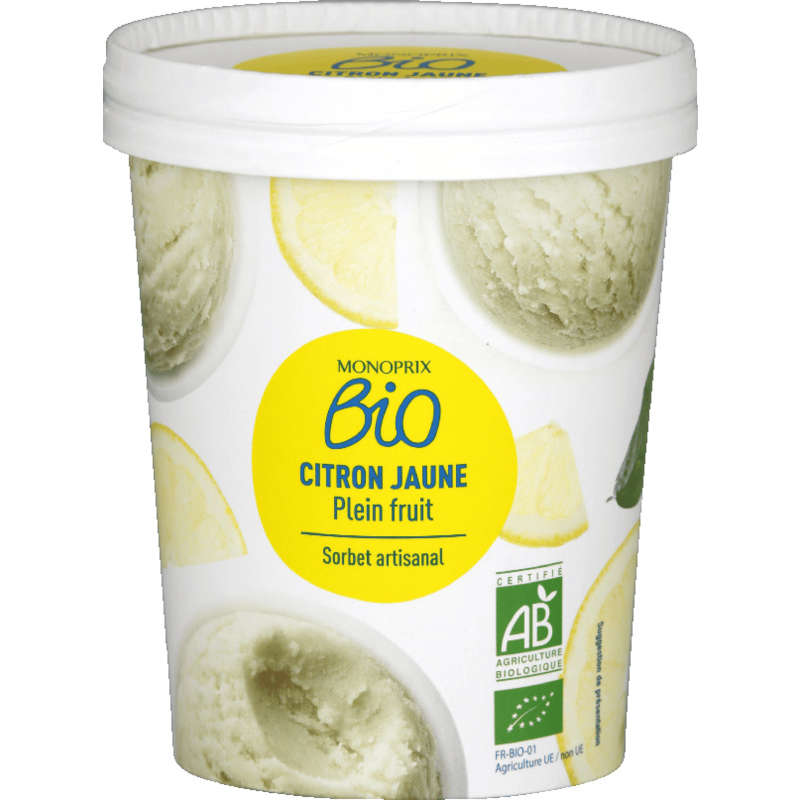 Monoprix Bio Sorbet Artisanal Citron jaune plein fruit 330g Monoprix Bio citron jaune plein fruit sorbet artisanal 330g
