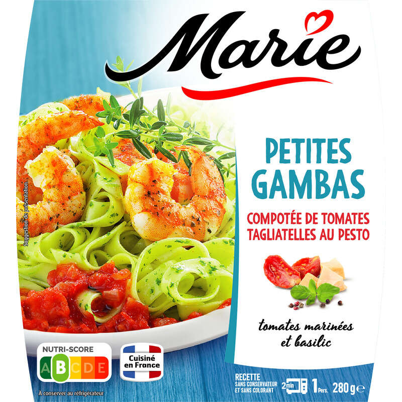 Marie Petites Gambas compotée de tomates tagliatelles au pesto 280g Marie Petites Gambas compotée de tomates tagliatelles au pesto 280g