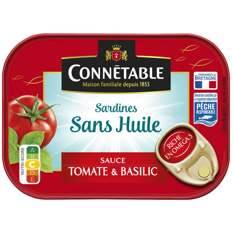 Connétable Sardines sans huile sauce tomate et basilic 115g Connétable Sardines sans huile sauce tomate et basilic 115g
